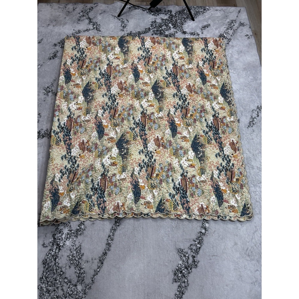 Cuddledown King Cotton Floral Asian Garden Quilted Bedspread 112x98 Scalloped